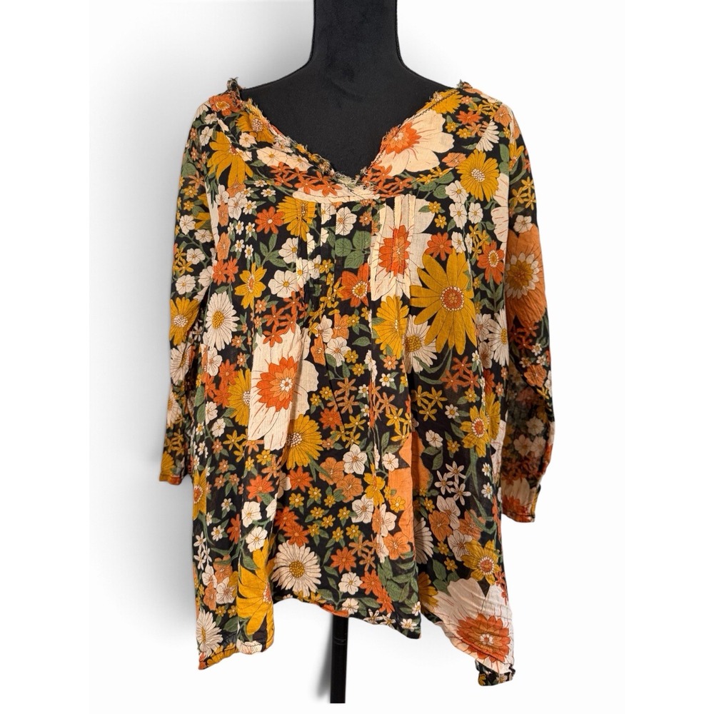 Natural Life Womens L/XL Boho Floral Tunic Top 100% Cotton Black Orange Mustard